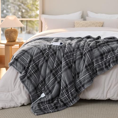 Grey Plaid Electric Heated Blanket, Twin Size Flannel Sherpa Throw