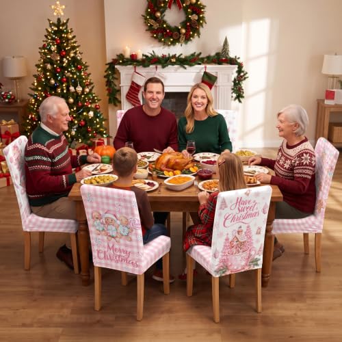 VVXKS Gingerbread-Pink Christmas Chair Covers 6 Pcs, Removable Washable Dining Chair Slipcovers