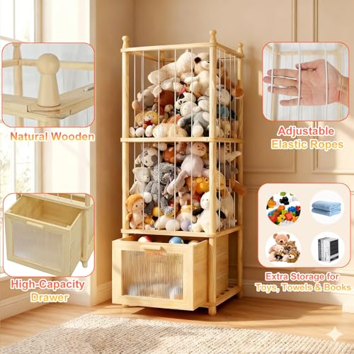 Solid Wood Stuffed Animal Storage Organizer with Clear Drawer