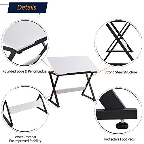 Adjustable Drafting Table with Tilting Top, White Art Desk for Drawing