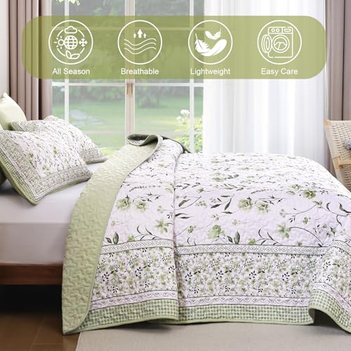 Sage Green Floral Quilt Set Queen - Lightweight Farmhouse Bedding