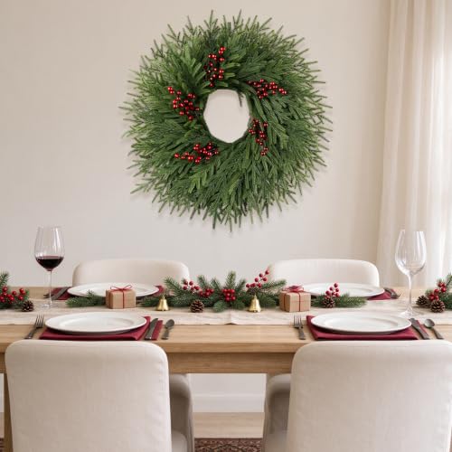 26IN Norfolk Pine Christmas Wreath with Red Berries for Front Door Decor