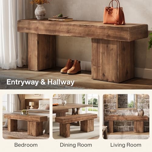 47" Rustic Solid Wood Entryway Bench, Farmhouse Dining Bench with Artistic Legs