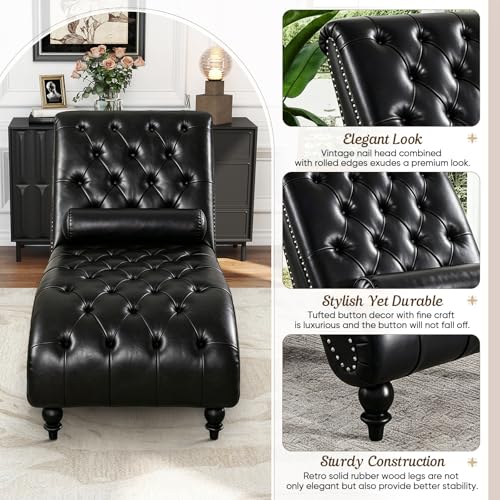 Modern Faux Leather Chaise Lounge Chair with Tufted Buttons and Pillow