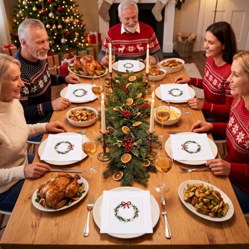 12 Pcs Linen Cocktail Napkins with Hemstitch Christmas Wreath Design - Holiday Table Decor