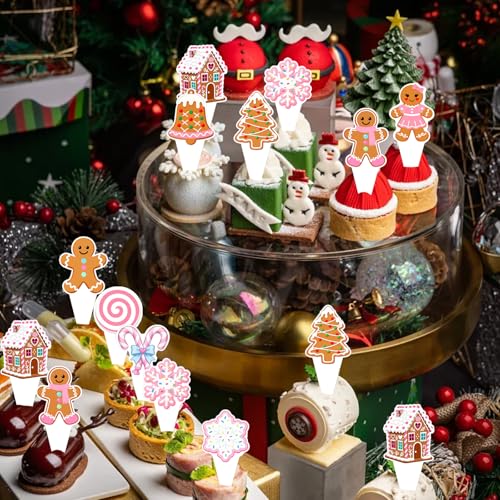 Pink Gingerbread Christmas Cupcake Toppers 50Pcs Non-Edible Party Decorations