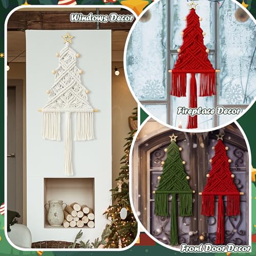 3 Pcs Macrame Christmas Tree Ornaments Set - White, Red & Green Holiday Decor