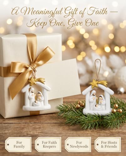 GoGnome Nativity Ornaments 2-Pack – White Arch Stable Holy Family with Gold Star