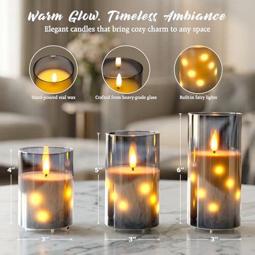 Rechargeable Glass Flameless Candles with Remote & Timer, 3D Wick, Grey-Embedded Fairy Lights, Real Wax 3-Pack