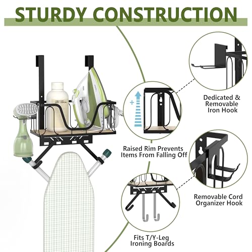 Ironing Board Hanger with Iron Basket - Wall-Mount & Over-the-Door Rack