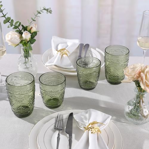 Green 14oz Drinking Glasses Set - Vintage Embossed Glassware, 6-Pack