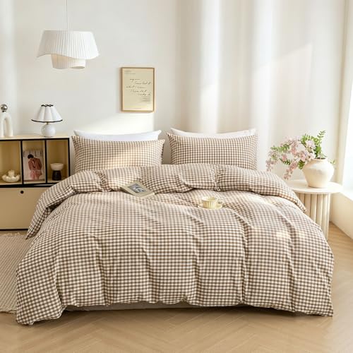 Tan Gingham Duvet Cover Set Queen - 100% Washed Cotton Brown Plaid