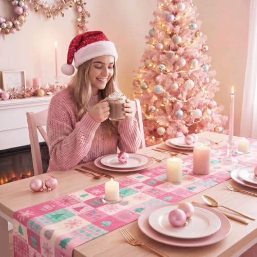 Gilprop Pink Christmas Table Runner 13 x 72 in Pastel Checkered