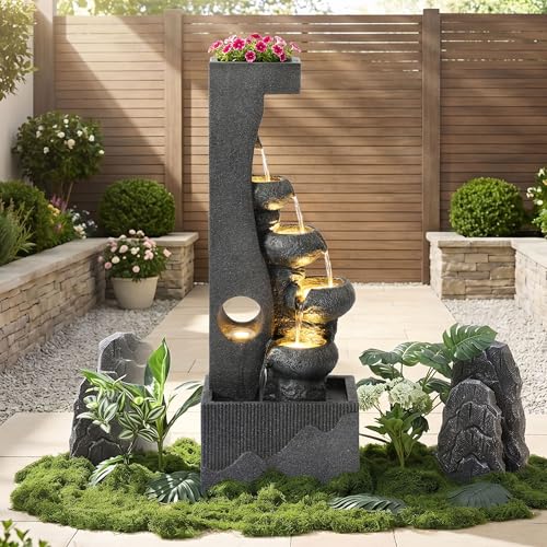 39-Inch 5-Tier Cascading Water Fountain with LED Lights for Garden and Patio
