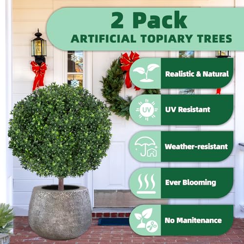 27.5-Inch Artificial Boxwood Topiary Ball Trees - Set of 2 UV Resistant