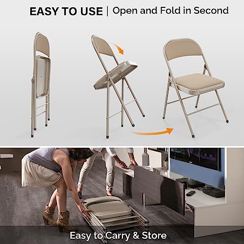 4-Pack Padded Folding Chairs, Heavy Duty Metal Frame, Khaki Fabric Seat