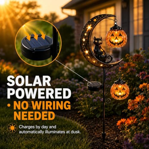 Solar Halloween Black Cat & Pumpkin Moon Stake Light, Outdoor Metal LED Decor