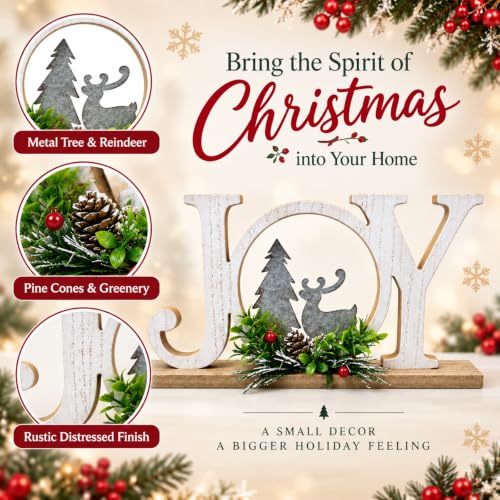 Rustic Wooden Christmas Joy Sign with Reindeer & Pinecone Decor - Farmhouse Holiday Table Centerpiece
