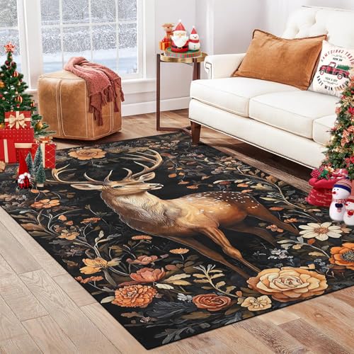 GarveeHome 8x10 Black Ultra-Thin Christmas Elk Rug - Non-Slip, Machine Washable, 0.26" Pile