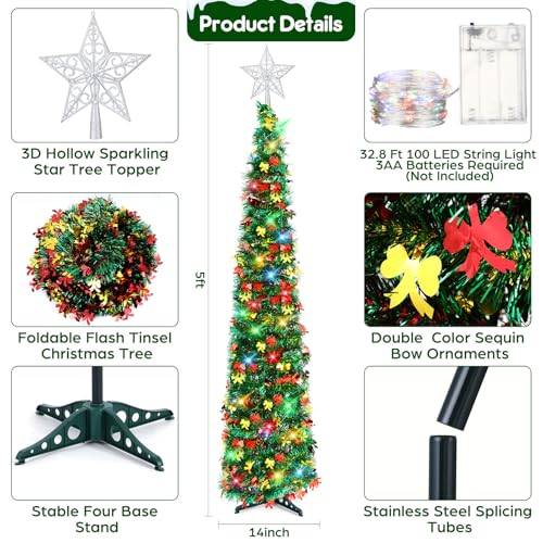 Arrowbash 5 Ft Pop Up Christmas Tree with Lights Colorful Bows (Colorful Bows Variant)