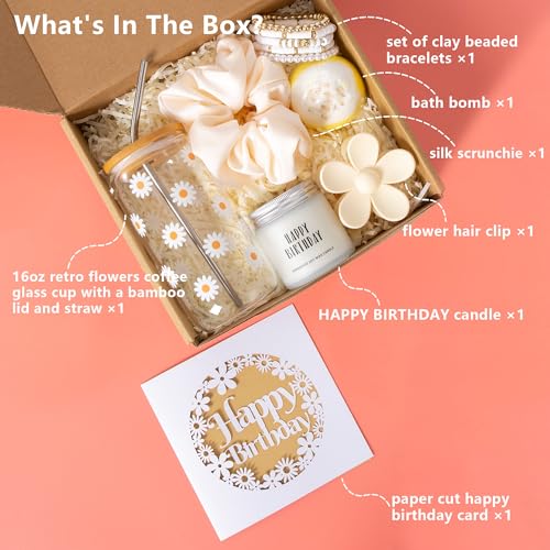 Birthday Gift Box for Women with Daisy Glass Cup, Candle, and Bath Set