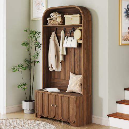 Narrow Hall Tree with Storage Bench and Shoe Cabinet, Walnut Finish
