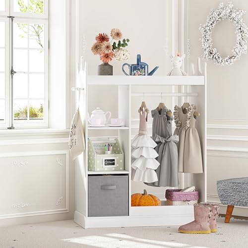 UTEX Kids Dress Up Storage with Crown Design & 2 Fabric Bins - White