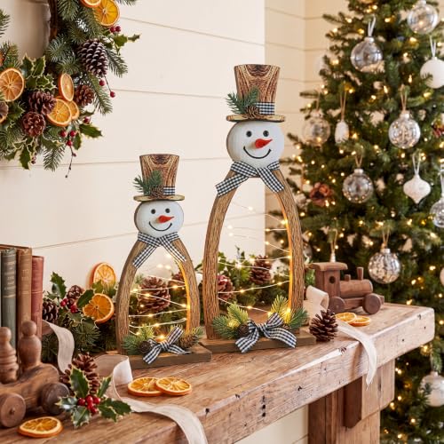 Christmas Snowman Decor Set with LED Lights - Rustic Wooden Tabletop Holiday Figurines