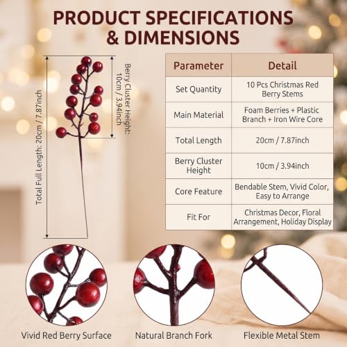 UPSTORE 10-Pack Artificial Red Berry Stems - 20cm Foam Berries with Flexible Wire