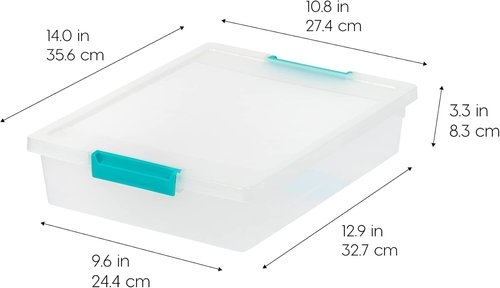 IRIS USA Craft Storage Bins - 6 Qt. Clip Box Tote Organizer, 4-Pack, Stackable - Clear & Seafoam Blue