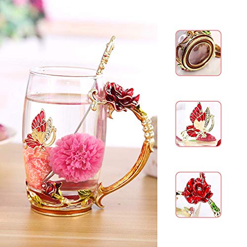 DasyFly Rose Red Enamel Butterfly Flower Tea Mug - Elegant Gift for Women