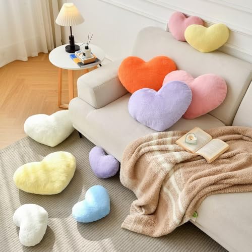 Pink Heart Throw Pillow - 13 x 10 Inch Soft Faux Rabbit Fur Decorative Pillow