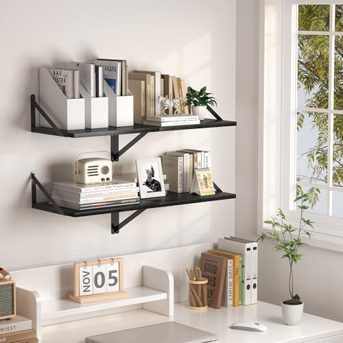 16x12 Deep Floating Wall Shelves Set of 2, Rustic Wood & Metal Bracket