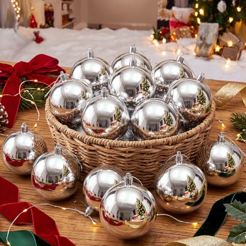 Hollowfly 4 Inch Silver Christmas Ornaments Set of 60 Waterproof Shatterproof Holiday Decorations
