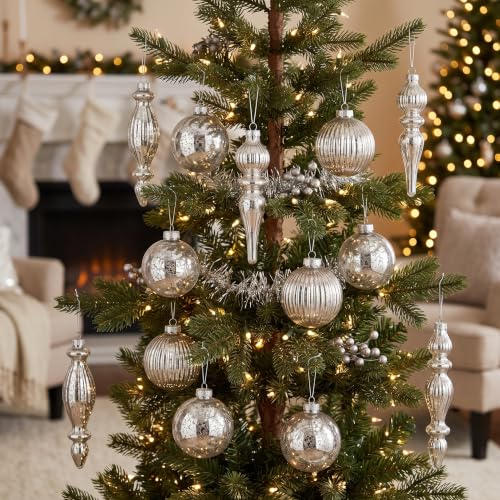 Set of 9 Vintage Silver Mercury Glass Christmas Ornaments with Finials — Sliver / Set of 9