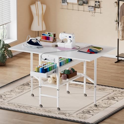 Height Adjustable Folding Sewing & Craft Table with Charging Station, Storage