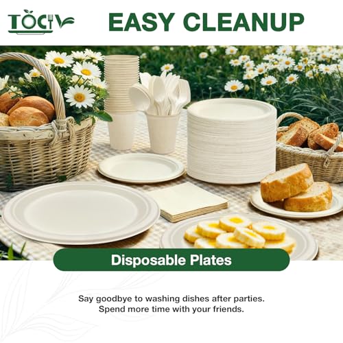 350 Pcs Nature Eco-Friendly Disposable Dinnerware Set for 50: 10in & 7in Plates, 8oz Cups, 6.6in Napkins + Utensils