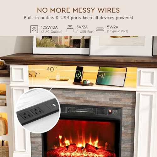 72-Inch LED Electric Fireplace TV Stand with Outlets & Storage