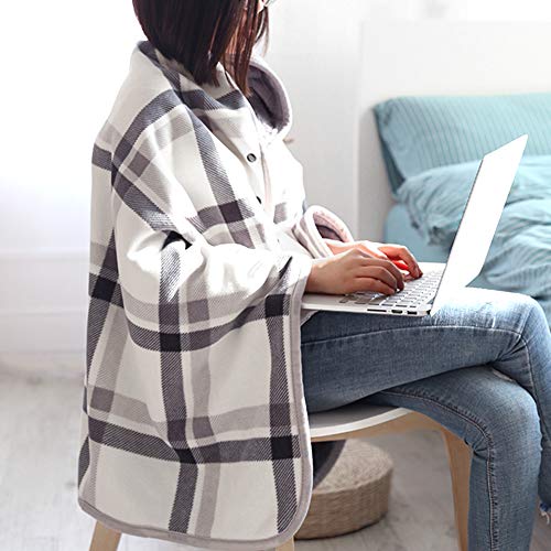 Wearable Fleece Poncho Blanket with Snaps - Soft Plaid Throw for Sofa