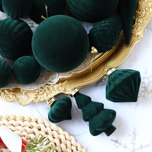 42Pcs Velvet Green Christmas Ball Ornaments Set, Flocked Shatterproof Xmas Ornaments
