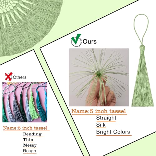 100Pcs 5-Inch Grass Green Silky Tassels with Loops for DIY Crafts & Bookmarks