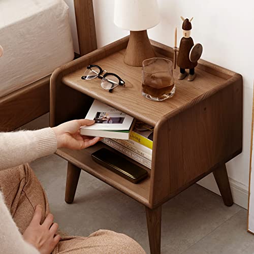 Solid Wood Kids Nightstand with Open Storage Shelf, Modern Bedside Table