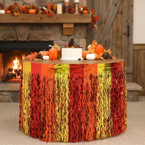 DTOFOOT Fall Style 4 Pack Metallic Table Skirts – Wavy Fringe Thanksgiving Decorations