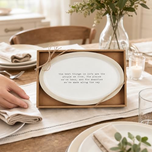 Farmhouse Sentiment Serving Plate, 6.5 x 11 Inch White Glazed Stoneware