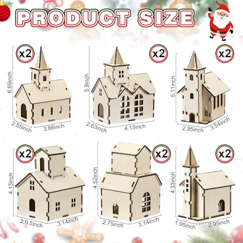 Hiboom 24 Pcs DIY Christmas Village Sets – Church/12Pcs 4 Styles Wood Rustic Mini Houses