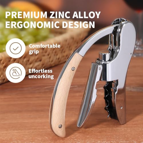 Rabbit Wine Opener with Wooden Handle & Foil Cutter – Lever-Style Corkscrew for Bar & Home Use