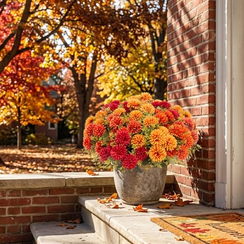 12 Pack Outdoor Artificial Fall Flowers - UV Resistant Fake Chrysanthemums