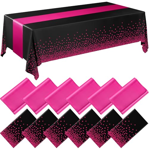 Breling 12 Pack Black and Hot Pink Tablecloths & Satin Runners Set – 54x108" Table Cover + 12x108" Runners
