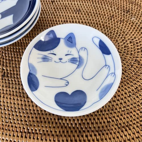 Japanese Ceramic Cat Design Small Plate Set for Soy Sauce & Desserts - Minoyaki, 4 Pcs