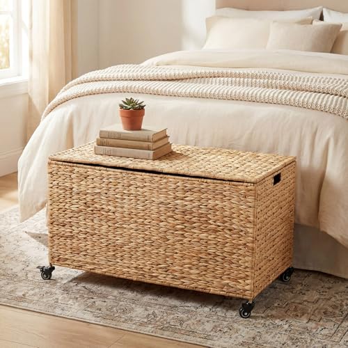 Rolling Woven Water Hyacinth Storage Trunk with Lid, 36-Inch Large Basket